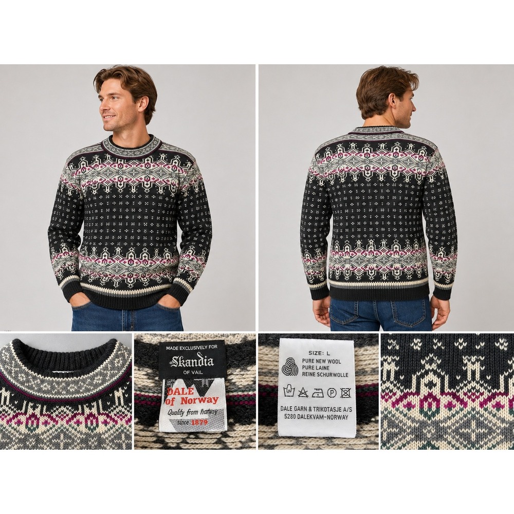 Dale of Norway Skandia of Vail Wool Nordic Fair Isle Sweater Mens Large Black